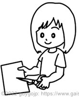 She cuts the paper with a pair of scissors.を表現するイラスト。