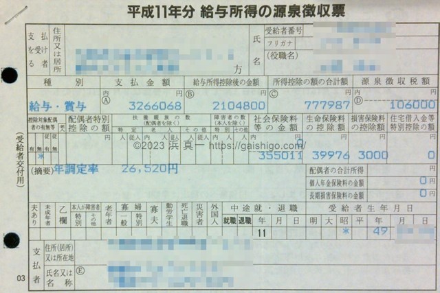 社会人2年目(1999年/ 平成11年)の源泉徴収票／年収は326万円