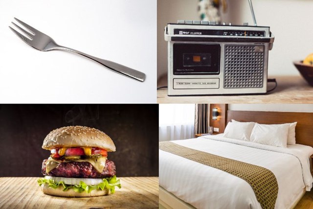 英語脳を確認するための写真。fork, radio, bed, hamburgerが写っている。